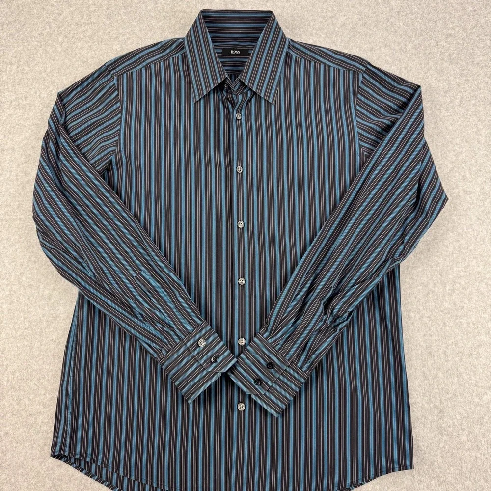 BOSS Hugo Boss Shirt Mens 16 40 Black Blue Stripe Regular‎ Fit Dress Cotton